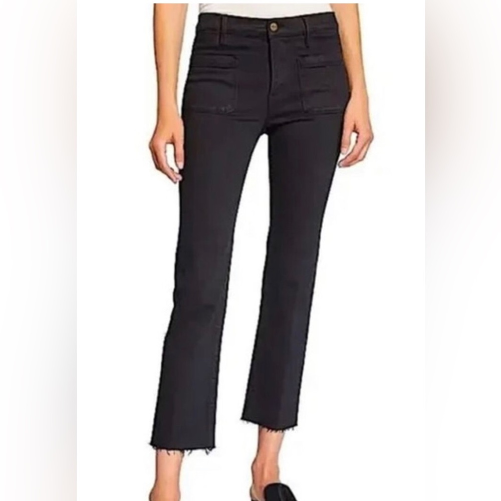 FRAME Le Bardot Straight Mid Rise Jeans in Film Noir Black.Rise 10”, inseam 26”.